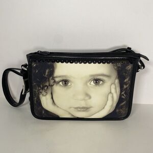 NWOT Brighton Pebbled Leather Shoulder Bag Black Custom Girl Face Pockets